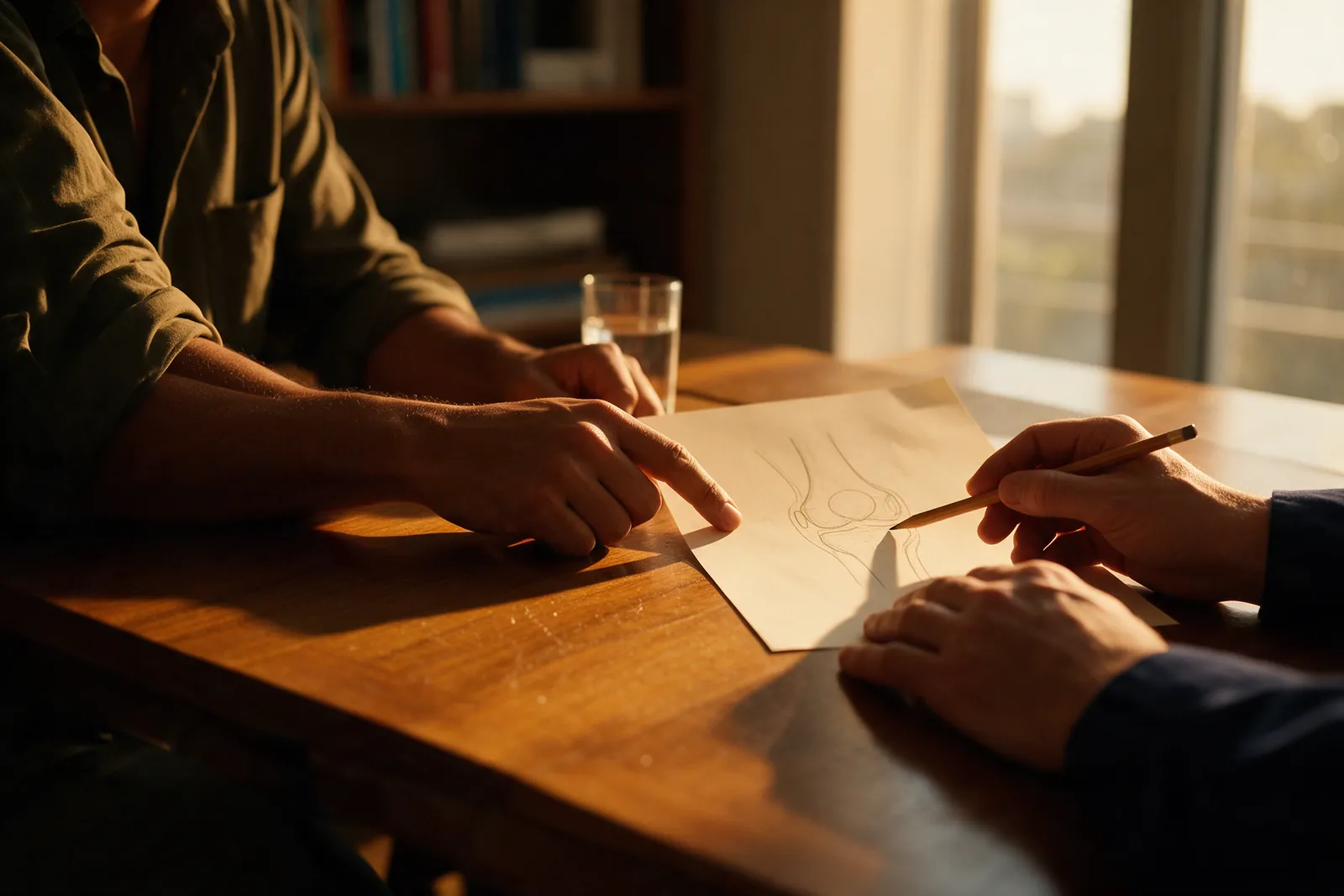 Mãos do médico desenham um esquema simples no papel para explicar algo, enquanto o paciente aponta o desenho e pergunta