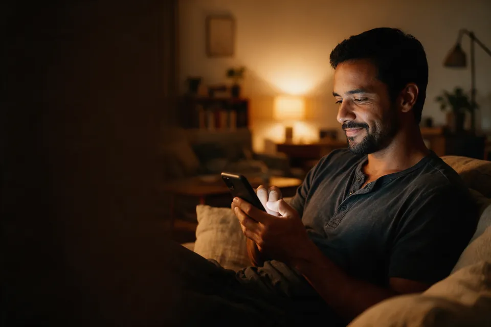 Homem de cerca de 37 anos manda uma mensagem pelo celular no sofá de casa, com um sorriso de quem decidiu
