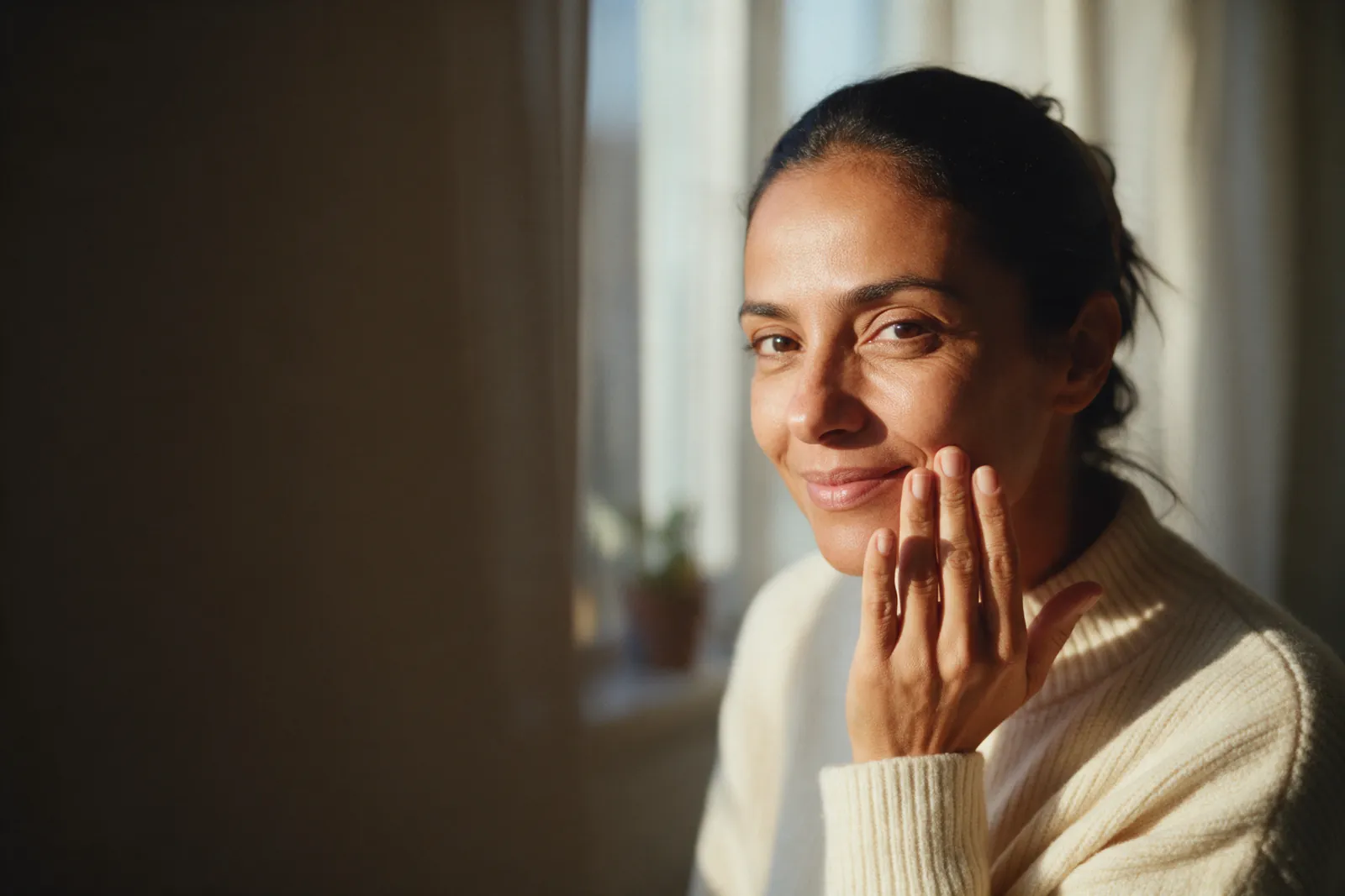 Mulher de cerca de 40 anos toca o rosto com as pontas dos dedos pela manhã, com um sorriso discreto